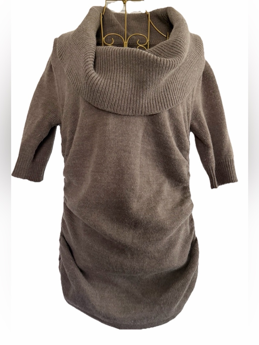 Express Taupe Cowl-Neck Ruched Tunic Sweater